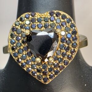 Black Spinel Heart Halo Ring Sterling Silver Gold Vermeil Size 8